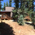 The West side of the cabin.  Short stairs to the sunroom are handy.  Front deck can be seen through the trees.